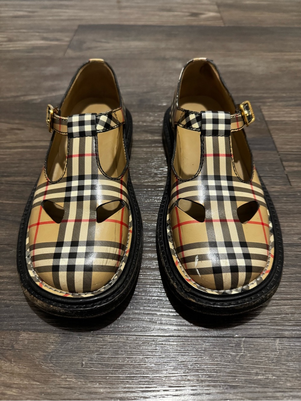 Burberry Beige Plaid Mary Jane Sandal with Gold Buckle - Picture 2 of 5